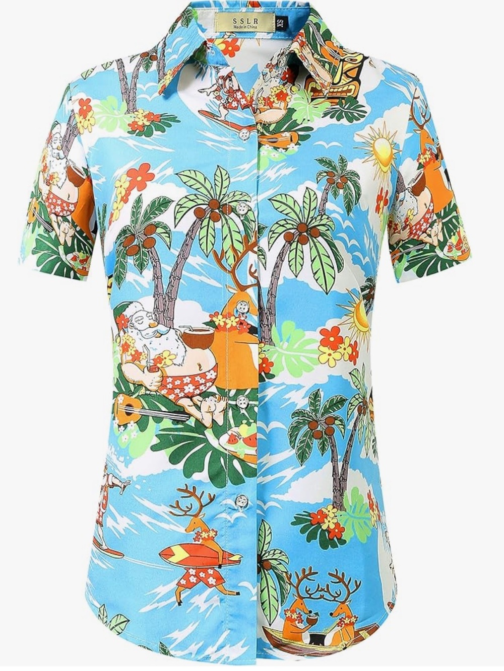 Hawaiian Print Christmas Short-Sleeve Button-Up Shirt - Light Blue